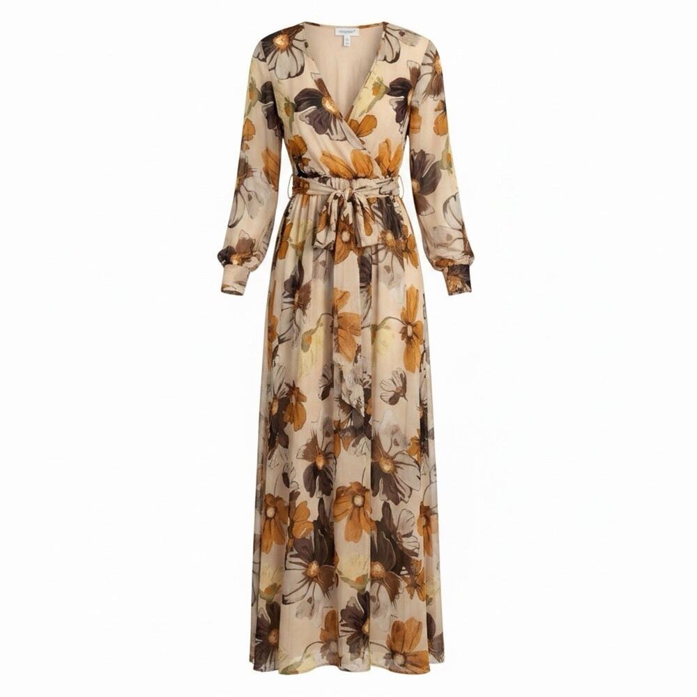 Faeriesty Womens Brown Tan Floral Whimsical Faux Wrap Long Dress Plus Size 3XL